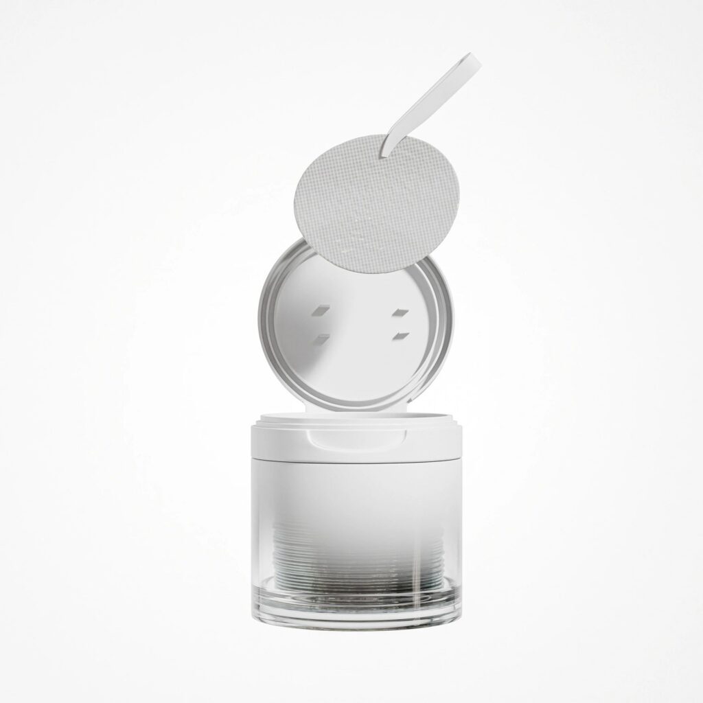 translucent Plastic Cosmetic Jars With Tweezers mockup, korean beauty skincare facial toner cotton pads packaging, cylindrical Wide Mouth Cream jar with Flip Cap, moisturizing hydrogel pad container