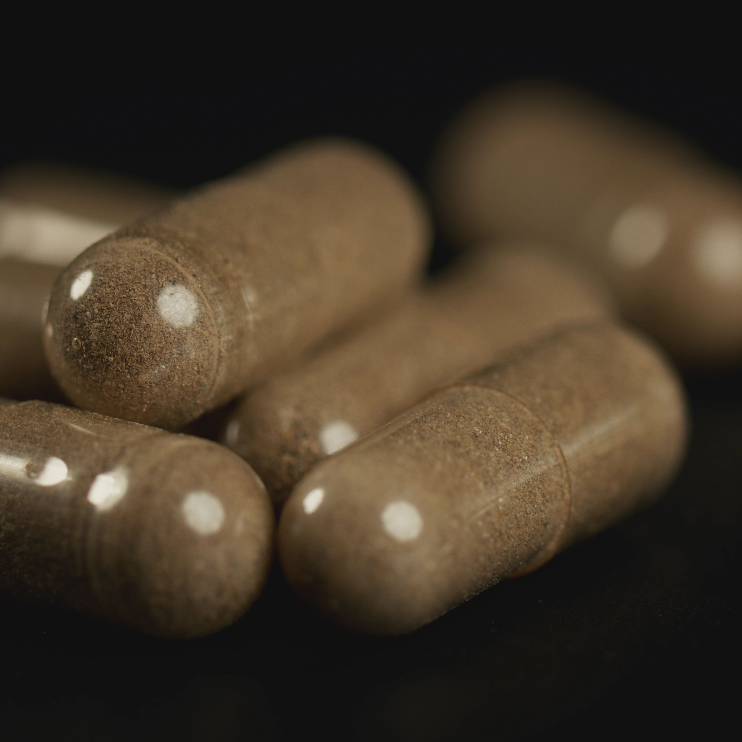 Macro still life of transparent capsules with brown vitex fruit powder on a black textured background. Selective focus on capsules with bright reflections. Pure herbal supplement for female wellness.